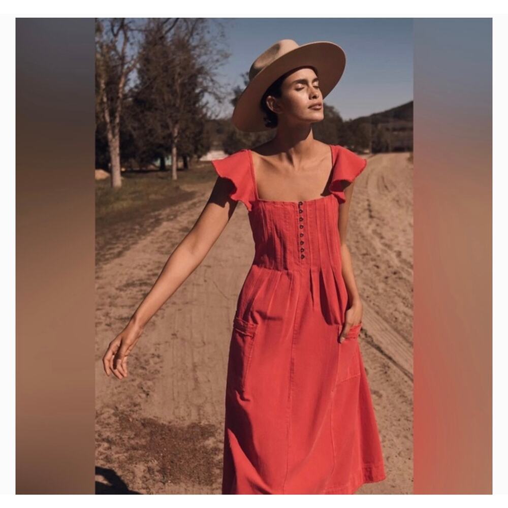 Anthropologie Pilcro Orange Cotton Linen Denim Flutter Sleeve Midi Dress Medium